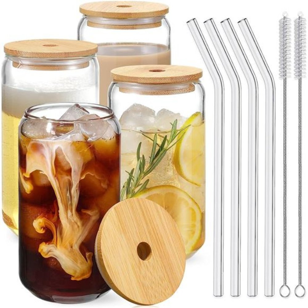 Drinking Glasses with Bamboo Lids and Glass Straw 4pcs Set-16oz Can Shaped Glass